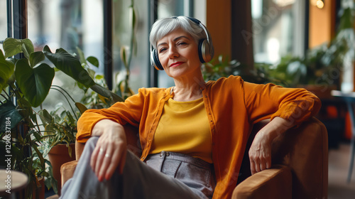 A stylish senior woman with short gray hair relaxes in a cozy café, wearing headphones and enjoying music. She is dressed in warm tones, surrounded by green plants and soft natural light.
