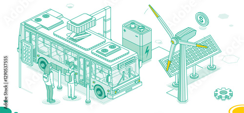Isometric Electric Bus on Charging Station. Solar panels with wind turbines. Ecological Public Transport. Outline Concept. Battery. Green energy.