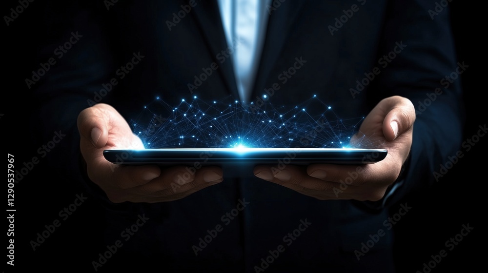 Businessman holding a tablet with glowing digital network above it. Technology and innovation Businessman holding a tablet with glowing digital network above it. Technology and innovation