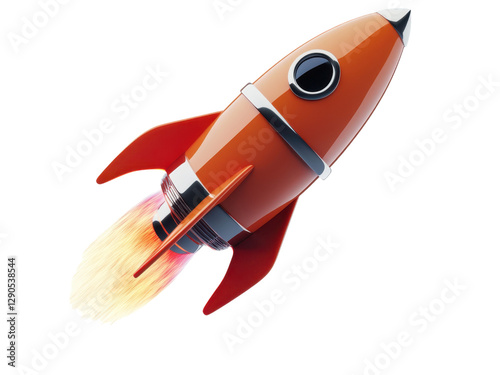 Orange Rocket Ship Launching into Space: A 3D Render of a Retro-Style Rocket Ascending with Fiery Exhaust