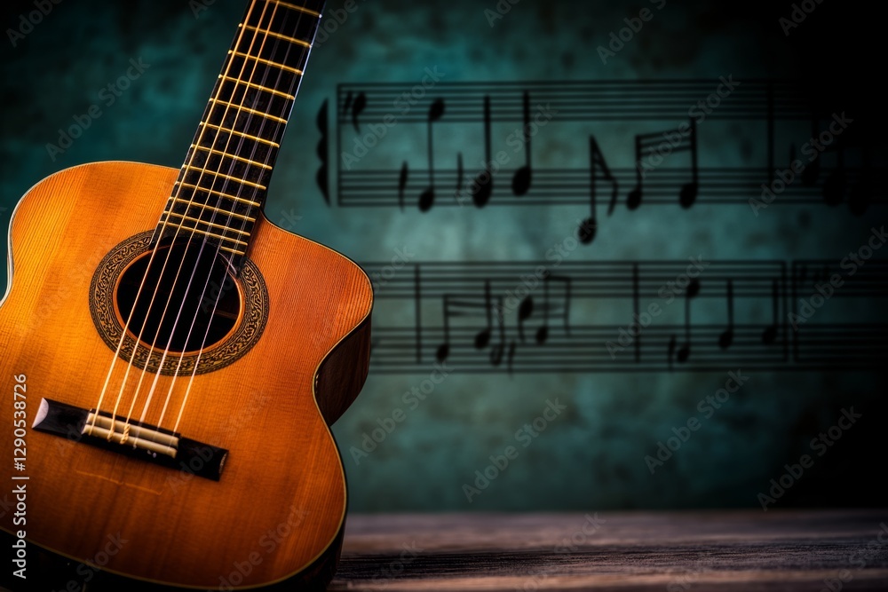 Obraz premium Guitar is on a table with a sheet of music in front of it. The music is written in black and white and has a lot of notes. Scene is that of a musician practicing or performing