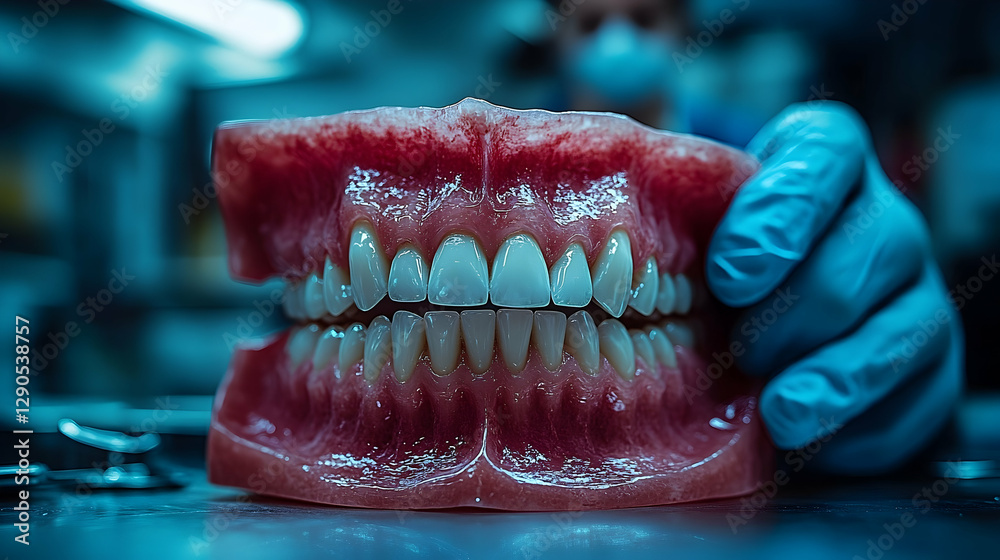 Obraz premium Detailed prosthetic teeth examination in a dental laboratory setting