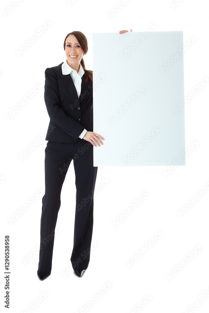 Studio, businesswoman and portrait with poster for marketing, about us and information for company. Career, salesperson and smile with board mockup for advertising, announcement and white background Studio, businesswoman and portrait with poster for marketing, about us and information for company. Career, salesperson and smile with board mockup for advertising, announcement and white background