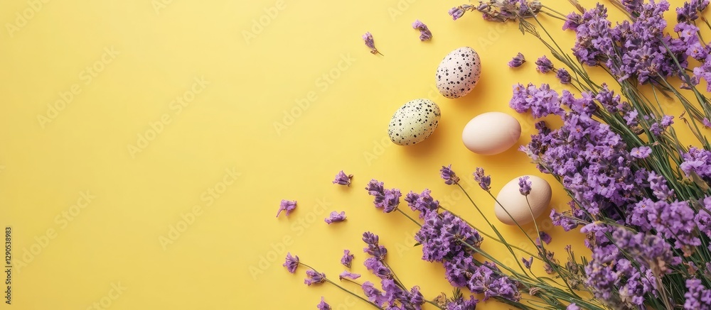 Fototapeta premium Bright yellow background with scattered purple flowers and pastel-colored eggs on the left side, creating a minimalist Easter composition.