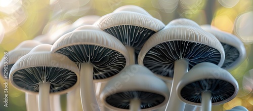 Mushroom cluster with white caps and black gills viewed from above on a softly blurred green background creating ample space for text.
