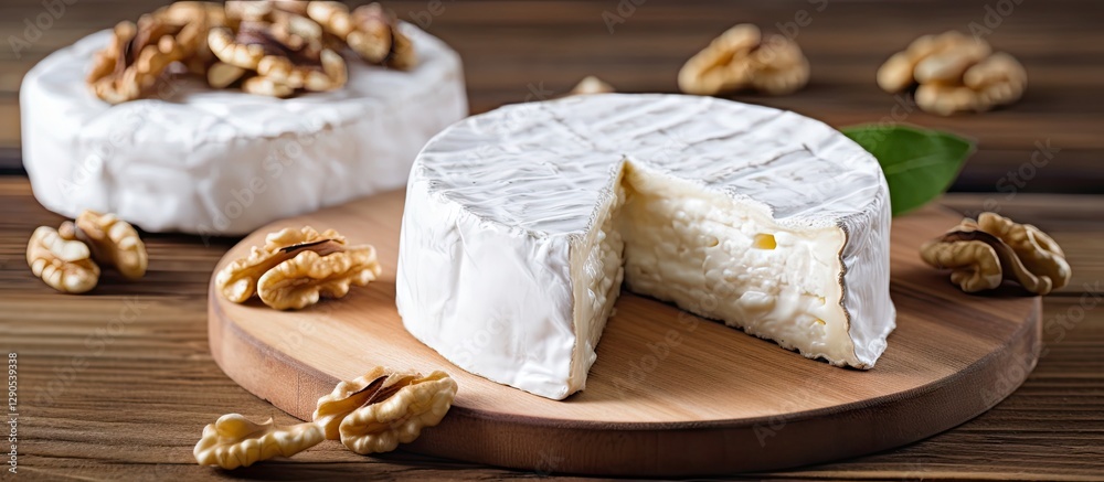 Camembert cheese wheel with white mold and walnuts on a wooden board with a neutral background and sliced section revealing creamy interior Camembert cheese wheel with white mold and walnuts on a wooden board with a neutral background and sliced section revealing creamy interior