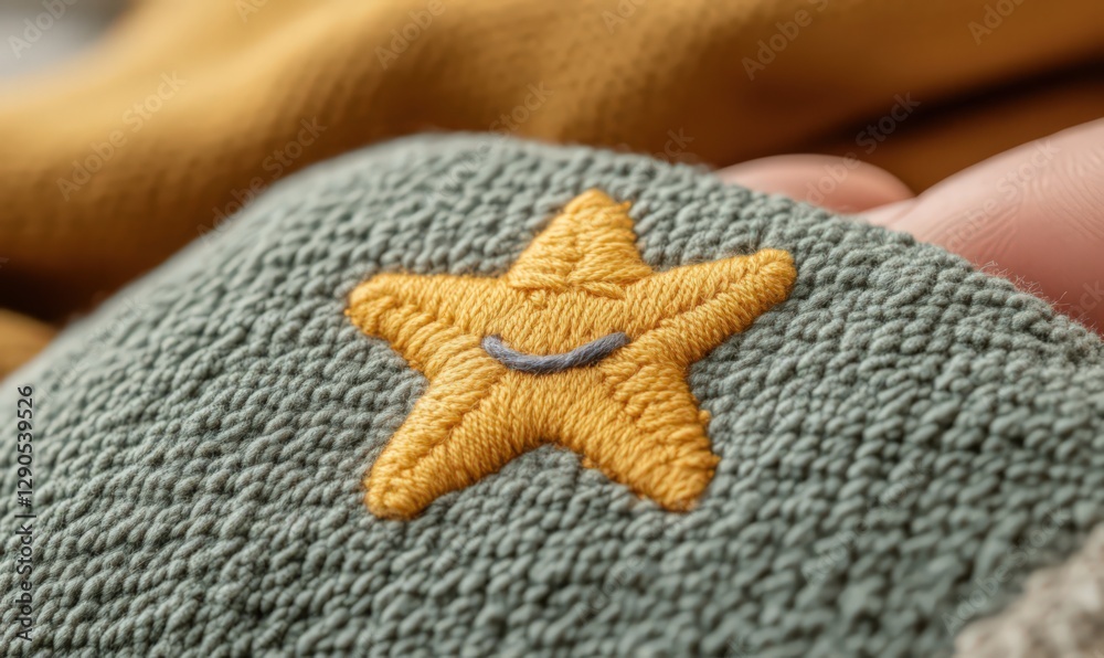 Smiling Yellow Star Embroidered on Sage Green Fabric Smiling Yellow Star Embroidered on Sage Green Fabric