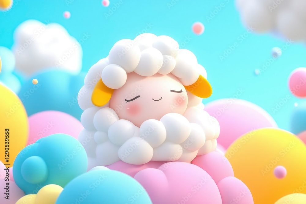 Cute sleepy sheep character relaxes on colorful clouds; dreamy concept illustration Cute sleepy sheep character relaxes on colorful clouds; dreamy concept illustration