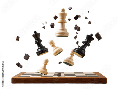 chess pieces flying over a chessboard.