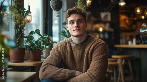A young man with wavy hair and a warm smile sits in a cozy café, wearing a stylish brown sweater. Surrounded by green plants and soft ambient lighting, he looks relaxed and content.