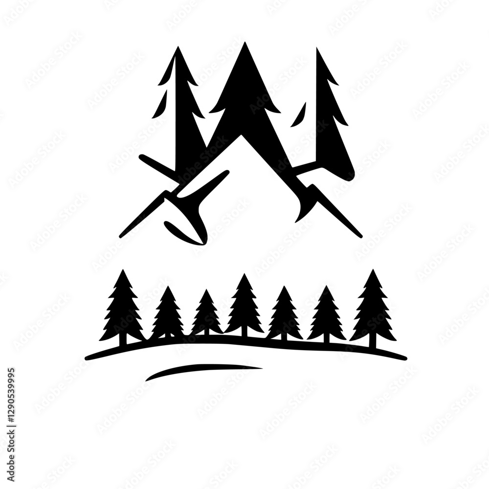 Obraz premium Black and white illustration of mountains with pine trees in a minimalist style
