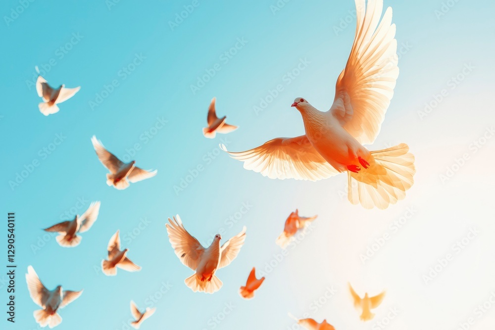 Fototapeta premium Doves fly to the bright sunlight, symbolizing peace and hope. Stock use