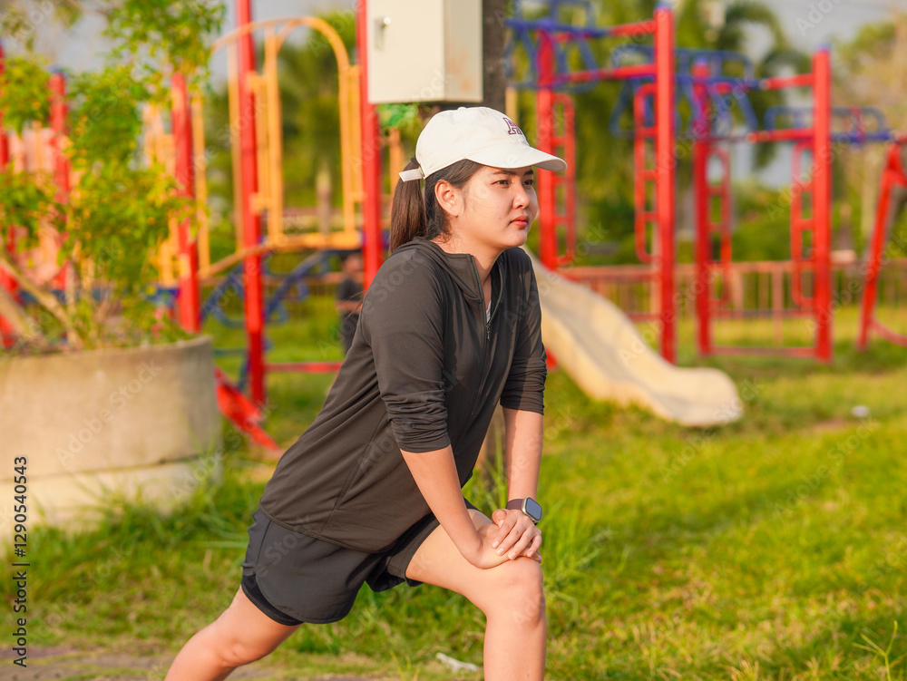 Lifestyle Health care. Asian woman exercising outside in the evening at the park during her vacation. Stretching exercises, cardio stretching and warming up the body, refreshing and strong. Lifestyle Health care. Asian woman exercising outside in the evening at the park during her vacation. Stretching exercises, cardio stretching and warming up the body, refreshing and strong.
