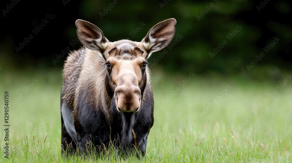 Fototapeta premium Moose in meadow, forest background. Wildlife nature photography for websites