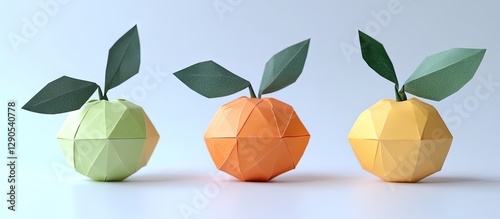 Colorful geometric origami fruits in green orange and yellow with paper leaves against a light gray background showcasing modern design elements.