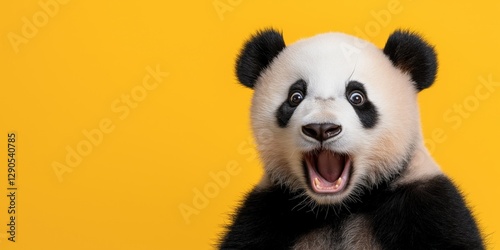 Excited panda with open mouth against yellow background