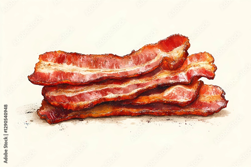 Perfectly cooked bacon slices laid on paper towels, absorbing excess oil, capturing an authentic homemade breakfast moment, ideal for cookbooks and food blogs, book illustration style Perfectly cooked bacon slices laid on paper towels, absorbing excess oil, capturing an authentic homemade breakfast moment, ideal for cookbooks and food blogs, book illustration style
