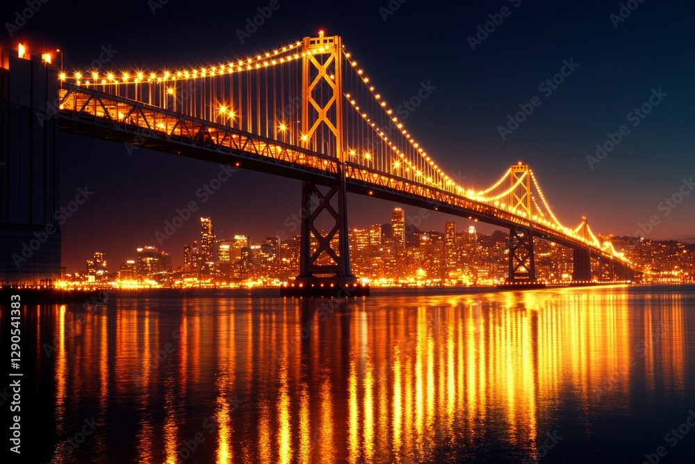 Fototapeta premium Illuminated bridge at night over water with city skyline backdrop for travel blog