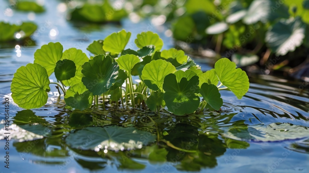 Fresh green leaves of Centella asiatica or gotu kola or asiatic pennywort, floating on water. It is a medicinal herb with many health benefits. Fresh green leaves of Centella asiatica or gotu kola or asiatic pennywort, floating on water. It is a medicinal herb with many health benefits.
