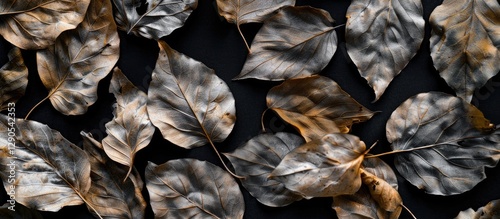 Close up of assorted dry brown leaves scattered on a black background highlighting natural textures with ample copy space for text