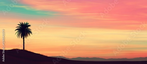 Vibrant sunset sky with pastel pink and turquoise hues silhouetting a single palm tree on a rolling hillside against distant mountains.
