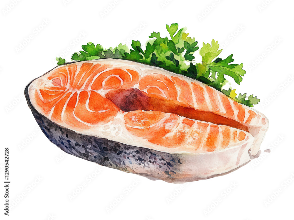 Watercolor Painting of a Salmon Fillet with Parsley Garnish A Delicious and Healthy Seafood Option Watercolor Painting of a Salmon Fillet with Parsley Garnish A Delicious and Healthy Seafood Option