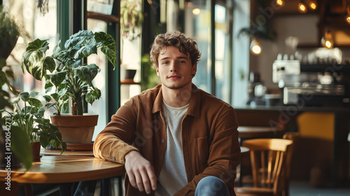 A young man with wavy hair and a relaxed smile sits at a wooden table in a cozy cafe, surrounded by green plants warm lighting. wears a brown jacket over a white shirt, exuding a stylish modern vibe.