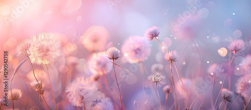 Soft pastel flowers in a dreamy landscape with pink and blue hues blurred background and gentle bokeh effects creating a serene ambiance