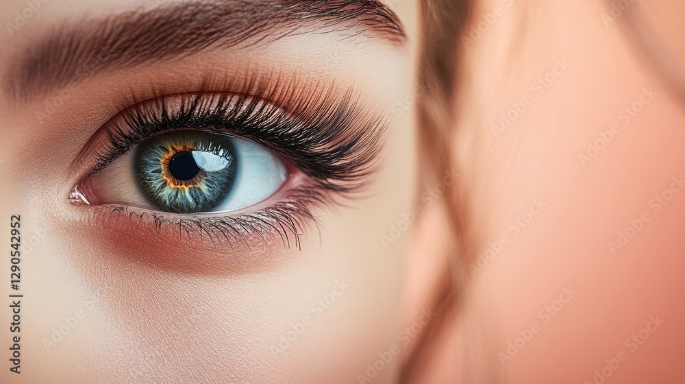 Woman's eye is shown in a close up. The eye is green and has a brownish tint. The woman's hair is pulled back and her eyelashes are long Woman's eye is shown in a close up. The eye is green and has a brownish tint. The woman's hair is pulled back and her eyelashes are long
