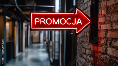 Wallpaper Mural Neonowy znak "PROMOCJA" w kształcie strzałki w czerwonym kolorze, zamontowany w industrialnym korytarzu Torontodigital.ca