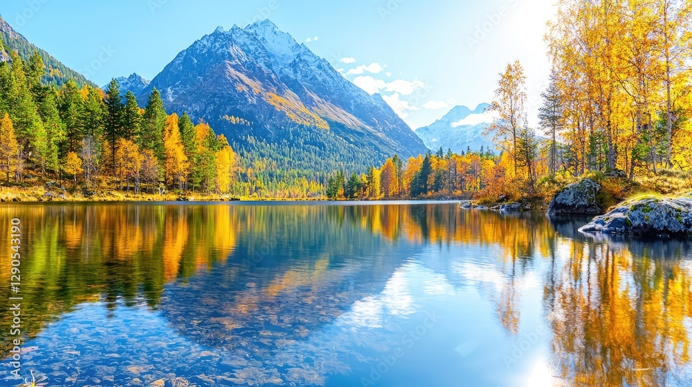 Autumnal lake reflecting snowy mountain, golden trees (1) Autumnal lake reflecting snowy mountain, golden trees (1)