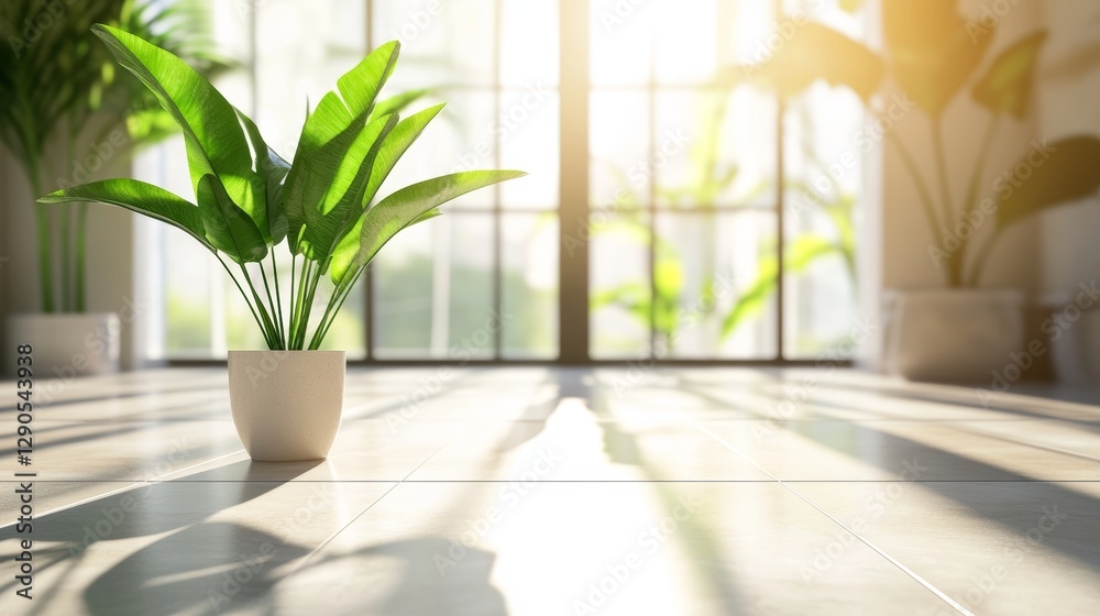 Fototapeta premium Sunlight Filters Through a Large Window Illuminating a Green Plant in a Bright Indoor Space During the Daytime
