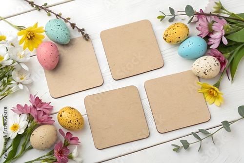 High-quality Easter mockup featuring four blank square coasters surrounded by pastel-colored speckled eggs and fresh spring flowers on a white wooden background.