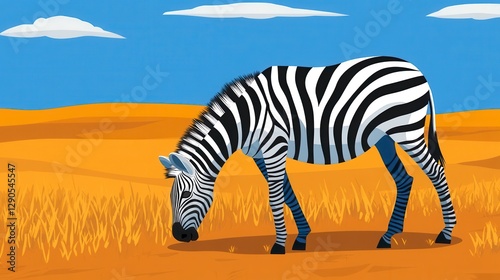 Pixel Art Zebra Grazing in Golden Savanna Under Blue Sky photo