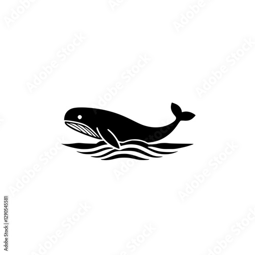 Minimalist black and white image of a whale rising from the waves, set on a white background.