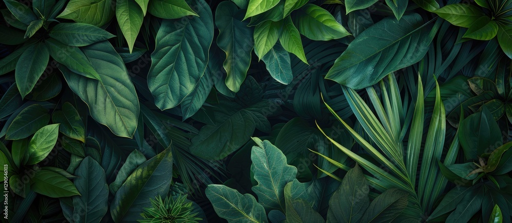 Lush dark green tropical leaves create a textured foliage background with various leaf shapes and sizes, providing ample copy space near the center. Lush dark green tropical leaves create a textured foliage background with various leaf shapes and sizes, providing ample copy space near the center.