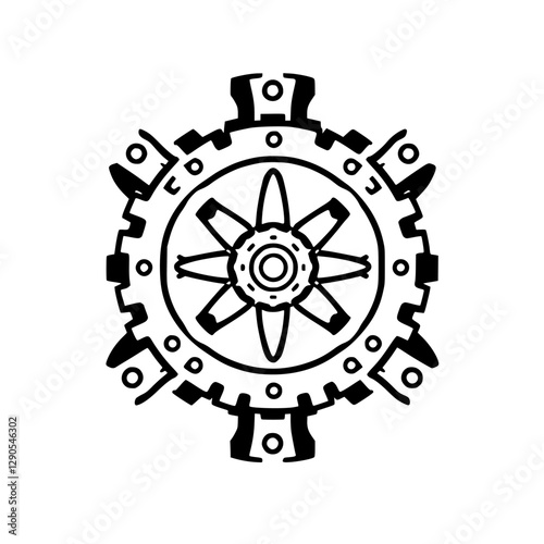 Circular gearwheel with a central eight-spoked inner ring in black and white.