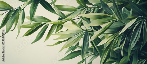 Lush green bamboo leaves gracefully arching against a soft neutral background, embodying tranquility and promoting wellness in natural elegance.