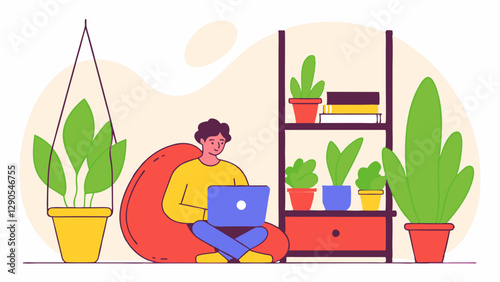 Person Sitting on a Bean Bag Chair, Working on a Laptop - Editable Vector Illustration