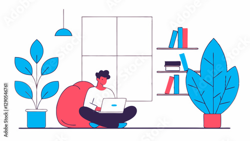 Person Sitting on a Bean Bag Chair, Working on a Laptop - Editable Vector Illustration