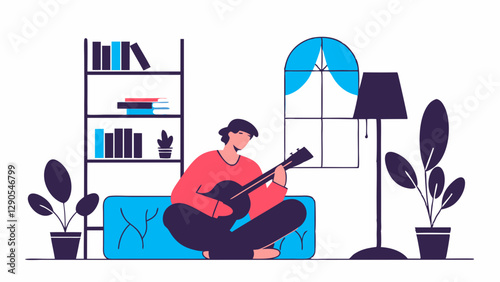 Person Playing Guitar in a Cozy Room - Editable Vector Illustration