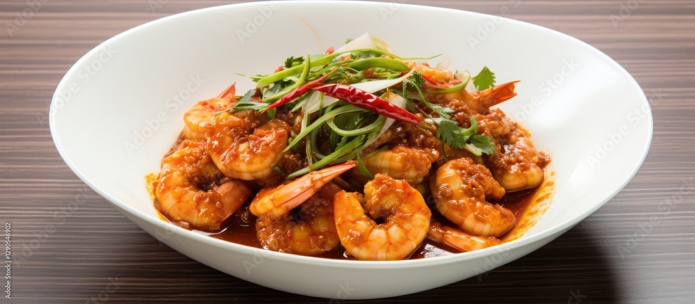 Delicious spicy shrimp dish arranged in a white bowl with green onions and red chilies on a brown wooden table background. Delicious spicy shrimp dish arranged in a white bowl with green onions and red chilies on a brown wooden table background.