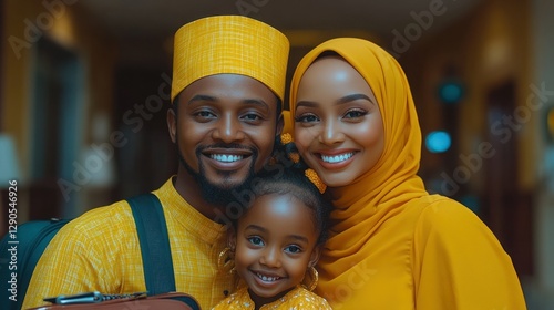 Smiling family in yellow attire at hotel lobby