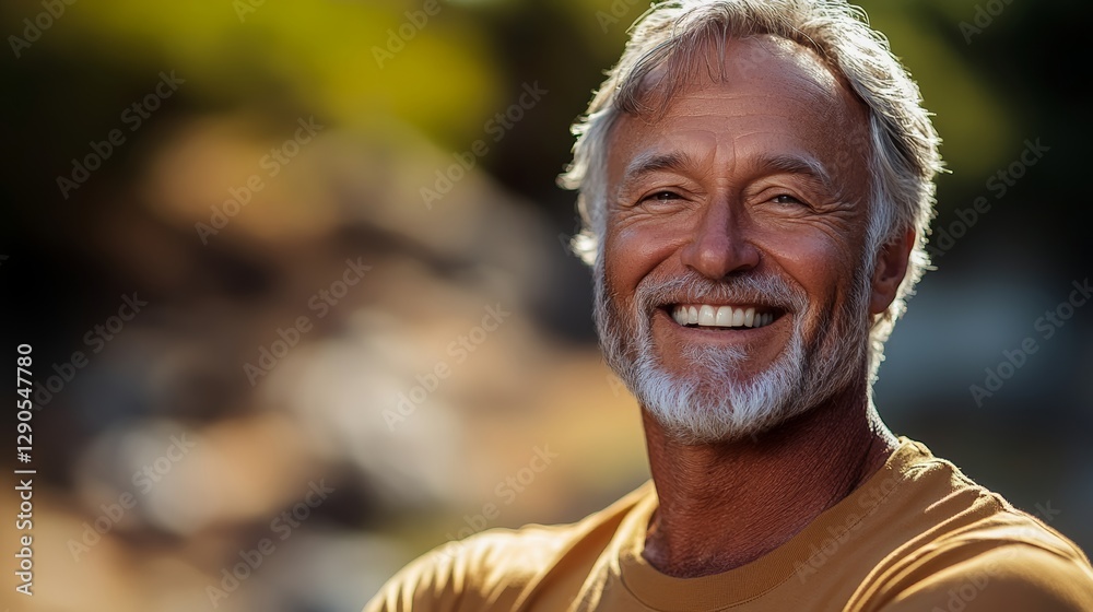 Man with a big smile on his face is wearing a yellow shirt. He is posing for a picture and he is happy Man with a big smile on his face is wearing a yellow shirt. He is posing for a picture and he is happy