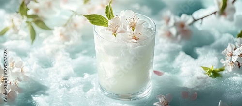 Refreshing white cocktail in a glass with flowers sitting atop ice, surrounded by soft white clouds and a light blue background.