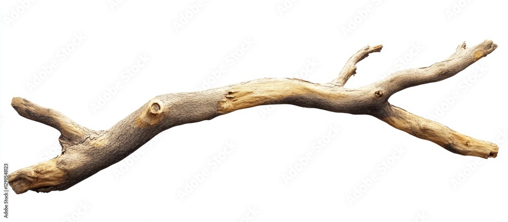 Detailed isolated branch of a weathered dead tree showcasing a textured brown and gray surface with intricate curves against a crisp white background. Detailed isolated branch of a weathered dead tree showcasing a textured brown and gray surface with intricate curves against a crisp white background.