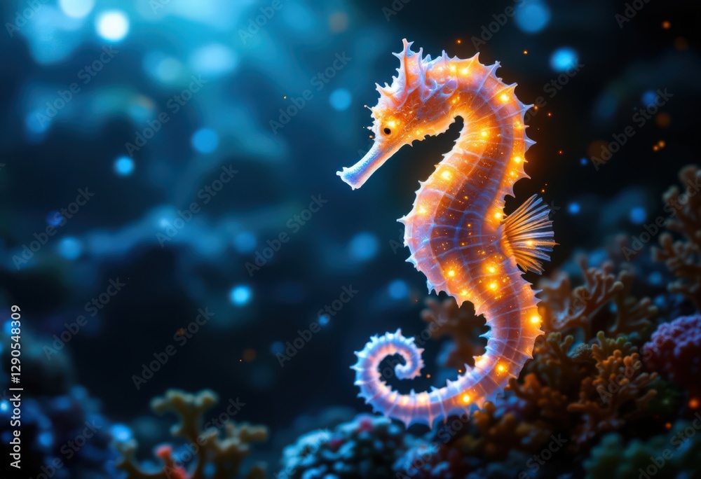 Enchanting Underwater Seahorse Illuminated by Sparkling Lights Enchanting Underwater Seahorse Illuminated by Sparkling Lights
