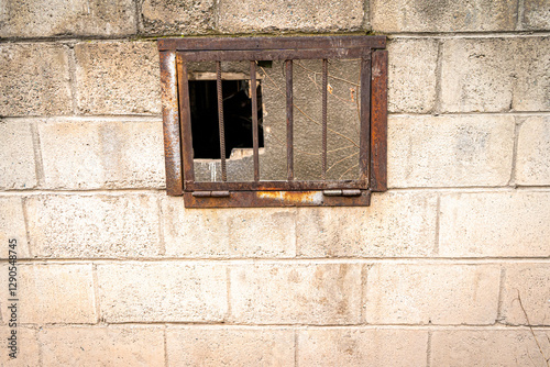 Close-up of a small, rusty barred window set in a weathered cinder block wall. The aged metal frame and empty window opening contrast with the rough concrete texture, creating an industrial atmosphere