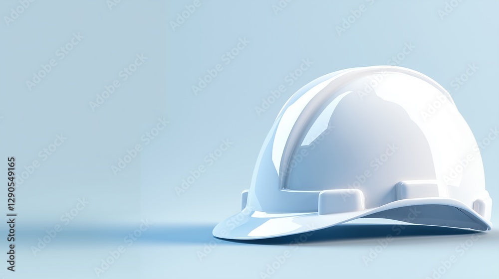 Fototapeta premium White construction helmet on blue background. Workplace safety concept
