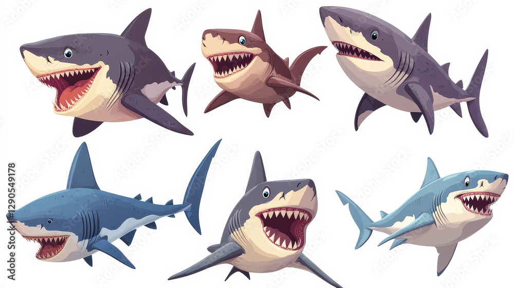 Shark vector fish set in flat style design. Different cartoon sharks icons isolated with sharp teeth mouth on white background. Shark vector fish set in flat style design. Different cartoon sharks icons isolated with sharp teeth mouth on white background.